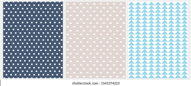 Abstract Seamless Vector Patterns. White Geometric Elements Isolated on a Dark Blue, Warm Gray and White  Background. Blue Triangles on a White Layout. Simple Dotted Print with White Tiny Polka Dots.