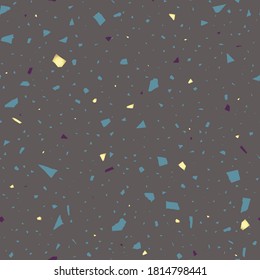 Abstract seamless vector terrazzo pattern with splashes imitating smithers of stones and gold foil.
