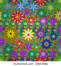 Abstract seamless vector texture with bright flowers. Seamless texture for your design wallpapers, pattern fills, web page backgrounds, surface textures. 