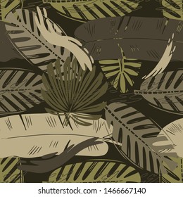 Abstract seamless vector tropical leaves pattern for girls, boys, clothes. Creative background with jungle. Funny botanical wallpaper for textile and fabric. Fashion style. Colorful bright.