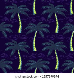 Abstract seamless vector tropical pattern for girls, boys, clothes. Creative background with palm tree, Funny wallpaper for textile and fabric. Fashion style. Colorful bright.