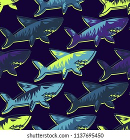 Abstract seamless vector underwater pattern for girls, boys, clothes. Creative background with sharks. Funny wallpaper for textile and fabric. Fashion style. Colorful bright