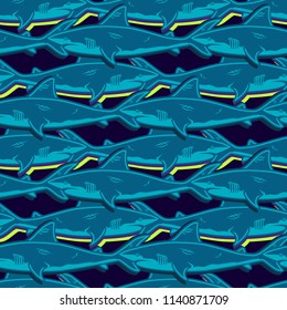 Abstract seamless vector underwater pattern for girls, boys, clothes. Creative background with sharks. Funny wallpaper for textile and fabric. Fashion style. Colorful bright.