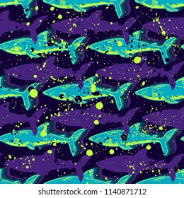 Abstract seamless vector underwater pattern for girls, boys, clothes. Creative background with sharks. Funny wallpaper for textile and fabric. Fashion style. Colorful bright.