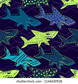 Abstract seamless vector underwater pattern for girls, boys, clothes. Creative background with sharks. Funny wallpaper for textile and fabric. Fashion style. Colorful bright