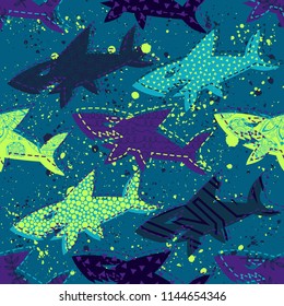 Abstract seamless vector underwater pattern for girls, boys, clothes. Creative background with sharks. Funny wallpaper for textile and fabric. Fashion style. Colorful bright