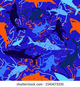 Abstract seamless vector underwater pattern for girls, boys, clothes. Creative background with sharks. Funny wallpaper for textile and fabric. Fashion style. Colorful bright.