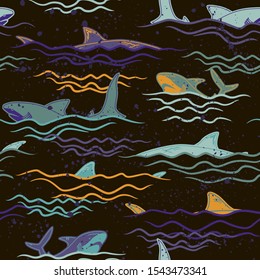 Abstract seamless vector underwater pattern for girls, boys, clothes. Creative background with sharks. Funny wallpaper for textile and fabric. Fashion style. Colorful bright.