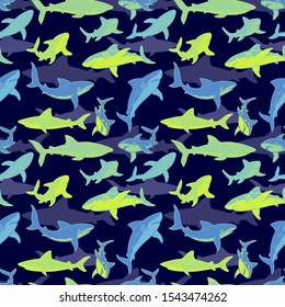 Abstract seamless vector underwater pattern for girls, boys, clothes. Creative background with sharks. Funny wallpaper for textile and fabric. Fashion style. Colorful bright.