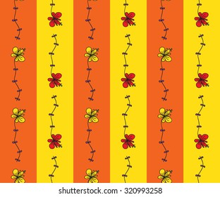 Abstract seamless vertical pattern with bright cartoon drawing flowers on orange background. Vector illustration