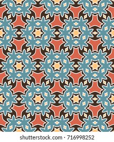 Abstract seamless vintage geometric pattern of blue, orange, red, brown, and white shades
