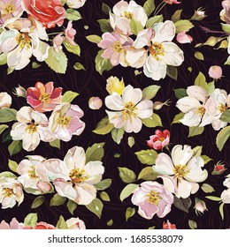 Abstract seamless vintage pattern. Beautiful floral background with pastel flowers. Watercolor apple branch