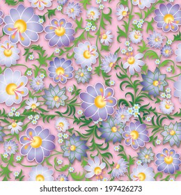 abstract seamless violet floral ornament with spring flowers on pink background