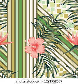 Abstract seamless wallpaper exotic composition from tropical palm leaves and hibiscus, bird of paradise flowers. Trendy vector pattern geometrical lines and squares background