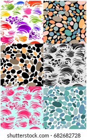 Abstract seamless wallpapers set with colorful strokes  and pebbles for fabric, textile, wrapping paper, wallpaper, web design