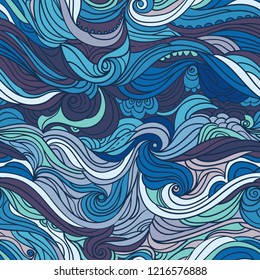 Abstract seamless water pattern, hand-drawn waves vector, blue wave background, sea pattern, Eps 8