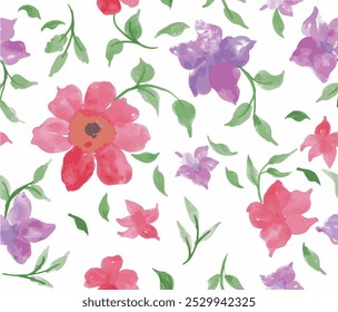 abstrato padrão floral botânico de aquarela sem costura sobre fundo branco. Padrão de tecido floral solto vintage. padrão floral cor solta. ilustração vetorial. aquarela flores com folhas tropicais