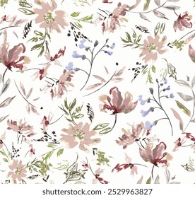 abstract seamless watercolor botanical floral and leaves pattern on white background. Vintage loose floral fabric pattern. vector illustration.Seamless floral pattern, liberty ditsy print.