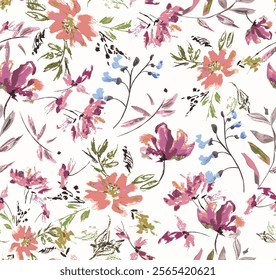 abstract seamless watercolor botanical floral and leaves pattern on white background. Vintage loose floral fabric pattern. vector illustration.Seamless floral pattern, liberty ditsy print.