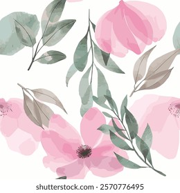 abstract seamless watercolor botanical floral pattern isolated on white background.seamless loose Floral  pattern with tropical leaves.Vintage loose floral fabric pattern. vector illustration