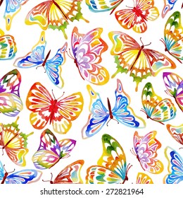 Abstract Seamless Watercolor Butterfly Pattern. Hand Drawn Illustration.
