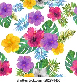 Abstract seamless watercolor hand painted background. Tropical red, orange hibiscus flowers and green palm leaves. Vector illustration.