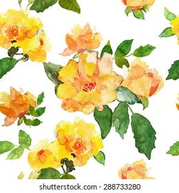 Abstract seamless watercolor hand painted background. Isolated yellow roses with leaves. Vector illustration.