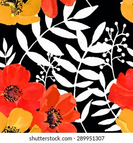 Abstract seamless watercolor hand painted background. Red and yellow flowers and white leaves on the black background. Vector illustration.