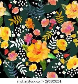 Abstract seamless watercolor hand painted background. Red and yellow flowers and colorful leaves on the black background. Vector illustration.