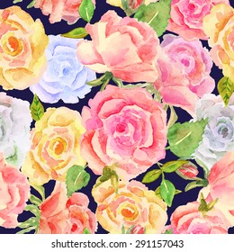 Abstract seamless watercolor hand painted background. Isolated red, orange, yellow, blue roses and green leaves on dark background.  Editable isolated elements. Vector illustration.