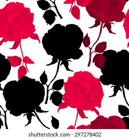 Abstract seamless watercolor hand painted background. Isolated red and black roses. Vector illustration.