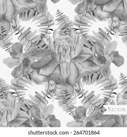 Abstract seamless watercolor pattern with palm leaves, fern, hibiscus and ginger flowers. 