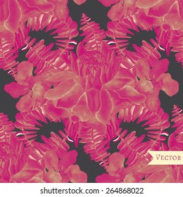 Abstract seamless watercolor pattern with palm leaves, fern, hibiscus and ginger flowers. 
