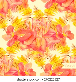Abstract seamless watercolor pattern with palm leaves, fern, hibiscus and ginger flowers.