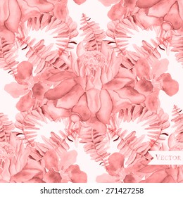 Abstract seamless watercolor pattern with palm leaves, fern, hibiscus and ginger flowers.
