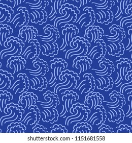 Abstract seamless wave pattern. Waving curling lines background. Blue vector illustration.