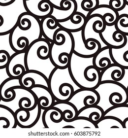 Abstract seamless waving curling lines, black and white background