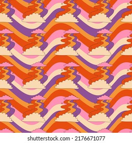 Abstract seamless wavy pattern with clouds and rainbow. 60s, 70s style groovy background with funky sky elements. Psychedelic hippie texture