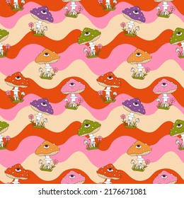 Abstract seamless wavy pattern with mushrooms. 60s, 70s style groovy background with poisonous amanitas. Psychedelic hippie texture