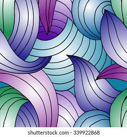 Abstract seamless wavy pattern: turquoise, blue, purple and green gradients with black outlines. Vector illustration.