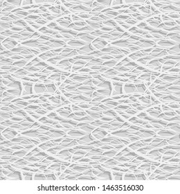 Abstract seamless white background. Long narrow paper strips tightly intertwined in a complex chaotic origami pattern.