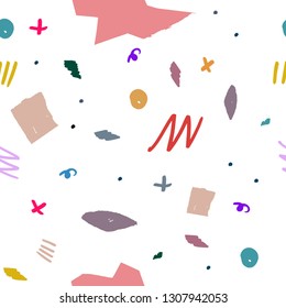 Abstract seamless white background of multicolored pieces of paper and sketches of felt-tip pen. Modern background resembling confetti, print for fabric, paper, cover, interior and other uses.