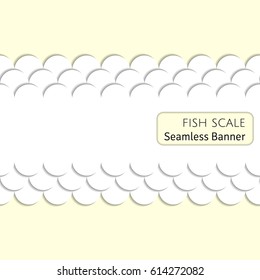 An abstract seamless white paper cut out layered fish scale pattern vector banner decoration with shadows on a pale yellow background 