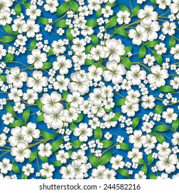 abstract seamless white spring floral ornament on blue background and shadows