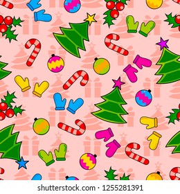 Abstract seamless wrapping pattern for girls, boys. Creative vector wrapping background with gloves, Christmas tree, ornamentation. Funny wallpaper for textile and fabric. Fashion wrapping style.