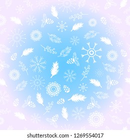 Abstract seamless wrapping pattern for girls, boys, clothes Creative vector background with new year plants, cones, branches, feathers. Funny wallpaper for textile and fabric. Fashion wrapping style.
