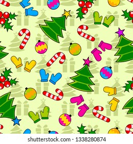 Abstract seamless wrapping pattern for girls, boys. Creative vector wrapping background with gloves, Christmas tree, ornamentation. Funny wallpaper for textile and fabric. Fashion wrapping style.