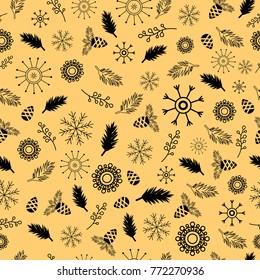Abstract seamless wrapping pattern for girls, boys, clothes Creative vector background with new year plants, cones, branches, feathers. Funny wallpaper for textile and fabric. Fashion wrapping style.
