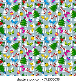 Abstract seamless wrapping pattern for girls, boys. Creative vector wrapping background with gloves, Christmas tree, ornamentation. Funny wallpaper for textile and fabric. Fashion wrapping style.