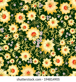 abstract seamless yellow floral ornament on green background